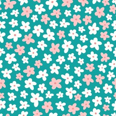 Tiny cute flowers, seamless vector pattern with pink and white flowers on green. 