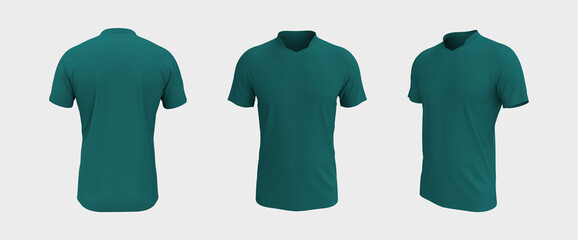 men's soccer t-shirt mockup in front, side and back views, design presentation for print, 3d illustration, 3d rendering.