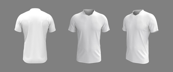 men's soccer t-shirt mockup in front, side and back views, design presentation for print, 3d illustration, 3d rendering.