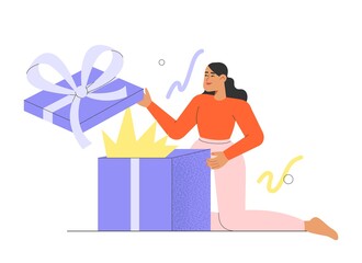 Flat vector illustration with female character opening a holiday surprise gift. Concept of a birthday party, holiday or Christmas celebration.