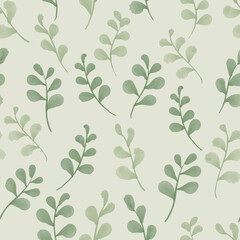 seamless floral green leaves pattern by watercolor painting in pastel green tone isolated on white background.