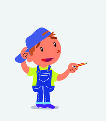  cartoon character of little boy on jeans doubts while pointing with a pencil.