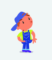  cartoon character of little boy on jeans looks with doubt and somewhat surprised.