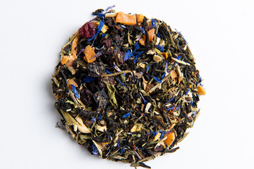 Weighted beautiful black tea on a white background