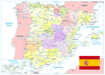 Detailed Political Map of Spain Isolated on White