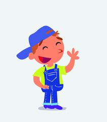  cartoon character of little boy on jeans waving informally while smiling.