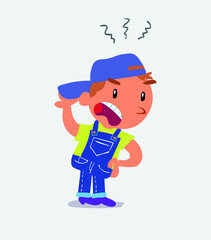  Indigned cartoon character of little boy on jeans vehemently shakes his hand.