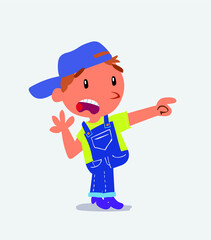 Surprised cartoon character of little boy on jeans pointing at something.