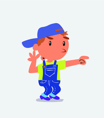 Surprised cartoon character of little boy on jeans points to something.