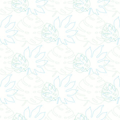 Light line-art tropical seamless pattern. Palm leaves backdrop, simple vector texture.