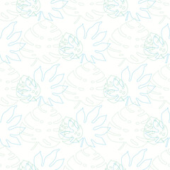 Obraz premium Light line-art tropical seamless pattern. Palm leaves backdrop, simple vector texture.