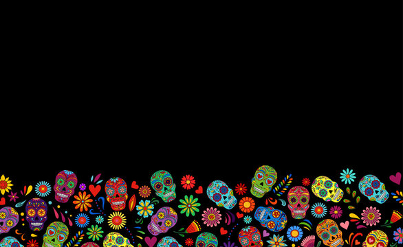 Day of the Dead  skulls banner. Dia de los muertos frame. Day of the dead and  mexican Halloween background. Mexican tradition  festival. Day of the dead sugar skull isolated. Dia de los Muertos skull