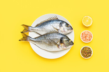Raw dorado fish on a white plate on a yellow background. Mediterranean seafood concept