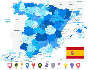 Spain Administrative Divisions Map Blue Color and Flat Map Icons
