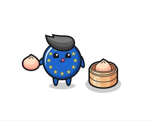cute europe flag badge character eating steamed buns
