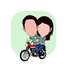 cartoon caricature of a couple riding a classic custom motorcycle wearing green shirt - obrazy, fototapety, plakaty