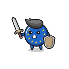 cute europe flag badge soldier fighting with sword and shield