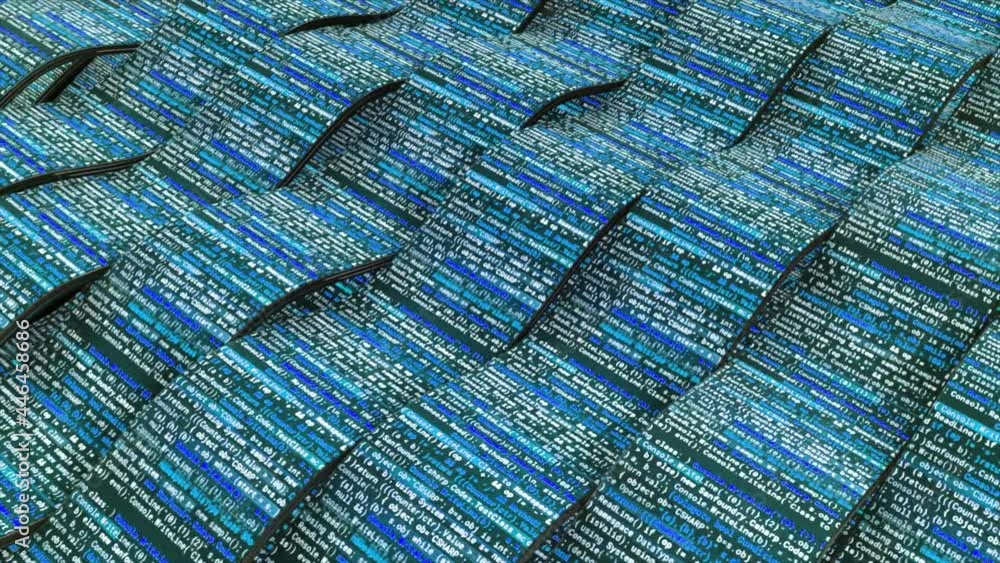Poster futuristic background with lines of code for a modern online game. animation. 3d wide blue stripes w