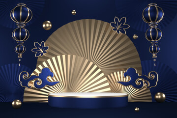 The granite hexagon gold design on dark blue background minimal. 3D rendering