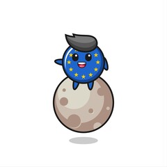 illustration of europe flag badge cartoon sitting on the moon