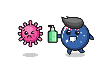 Fototapeta premium illustration of australia flag badge character chasing evil virus with hand sanitizer