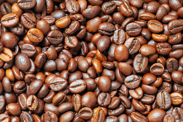 Background texture roasted coffee beans, top view