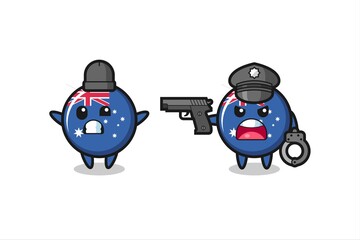 illustration of australia flag badge robber with hands up pose caught by police