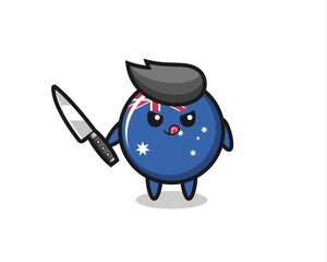 cute australia flag badge mascot as a psychopath holding a knife