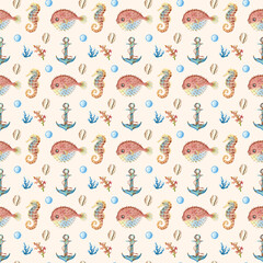 Collection of watercolor  seamless pattern - underwater world. Seashells, starfish, sea Horse, anchor on a beige background