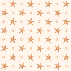 Fototapeta na wymiar Collection of watercolor seamless pattern - underwater world. Starfish andl bubbles on a beige background.