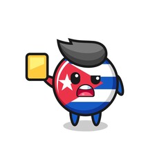cartoon cuba flag badge character as a football referee giving a yellow card