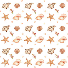 Collection of Watercolor seamless pattern - underwater world. Seashells, starfish, coral bubbles on a white background. 