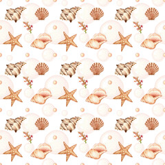 Collection of Watercolor seamless pattern - underwater world. Seashells, starfish, coral bubbles on a white background. 