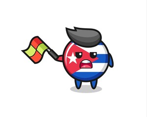 Obraz premium cuba flag badge cartoon as the line judge hold the flag up at a 45 degree angle