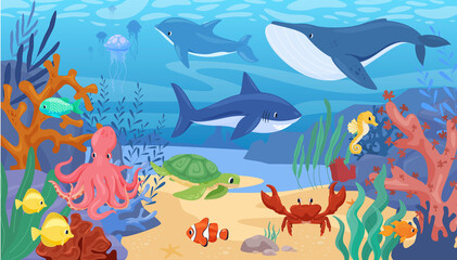 Naklejka na ściany i meble Colorful cartoon sea animals underwater panorama vector flat illustration. Tropical ocean bottom