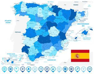 Spain Administrative Divisions Map Blue Colors and Blue Map Icons