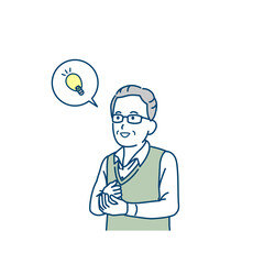 高齢者　年配の男性　思い出す　アイデア　なるほど　イラスト素材