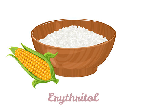 Natural sweetener erythritol in  wooden bowl and corn isolated on  white background. Vector illustration of organic healthy food in cartoon flat style.