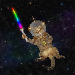 A beige cat astronaut wearing a space suit with a glowing sword is in outer space.