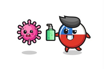 illustration of chile flag badge character chasing evil virus with hand sanitizer