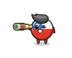 Fototapeta premium cute chile flag badge character is holding an old telescope