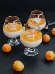 Classic vanilla panna cotta in a glass with apricots and coconut flakes.