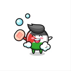 palestine flag badge character is bathing while holding soap
