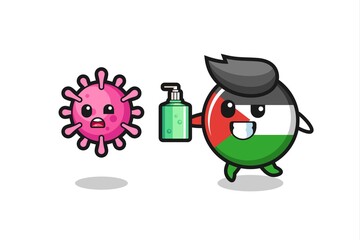illustration of palestine flag badge character chasing evil virus with hand sanitizer