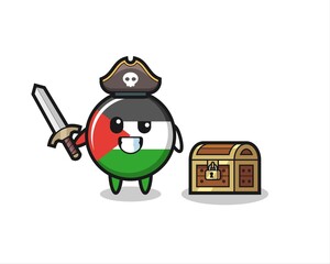the palestine flag badge pirate character holding sword beside a treasure box