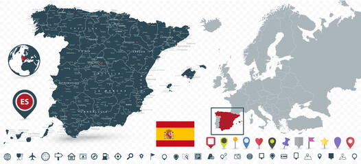 Spain Map and Spain location on Europe Map isolated on transparent background