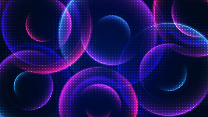 Abstract dark blue background. Vector image. Halftone effect. Blurry semi-transparent red and purple circles with reflections. Energy rings and spheres in motion. Template for text.