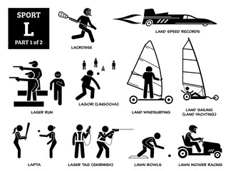 Sport games alphabet L vector icons pictogram. Lacrosse, land speed records, laser run, lagori, land windsurfing, land sailing yachting, lapta, laser tag skirmish, lawn bowls, and lawn mower racing.
