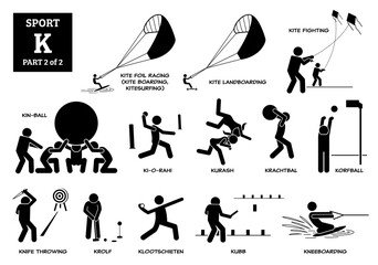 Sport games alphabet K vector icons pictogram. Kite foil racing, kite landboarding, kite fighting, kin-ball, ki-o-rahi, kurash, krachtbal, korfball, knife throwing, krolf, kubb, and kneeboarding.