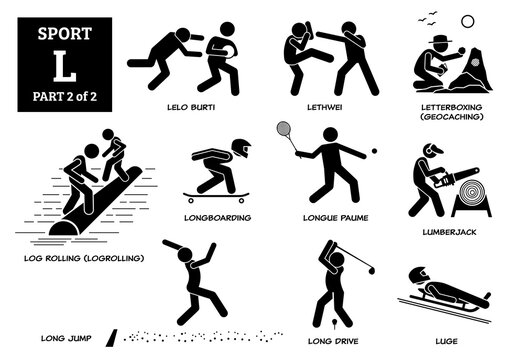 Sport games alphabet L vector icons pictogram. Lelo burti, lethwei, letterboxing, geocaching, log rolling, logrollling, longboarding, longue paume, lumberjack, long jump, long drive, and luge.